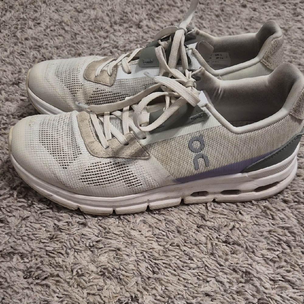 On Running Women's White Gray Athletic Shoes with Purple Accent